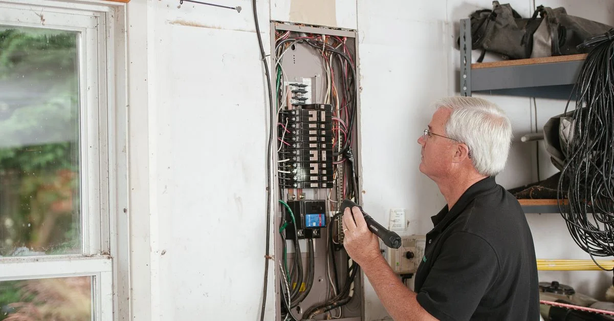 Un electricista examina cuidadosamente una caja de fusibles residencial en interiores, asegurando la seguridad eléctrica y el cumplimiento.