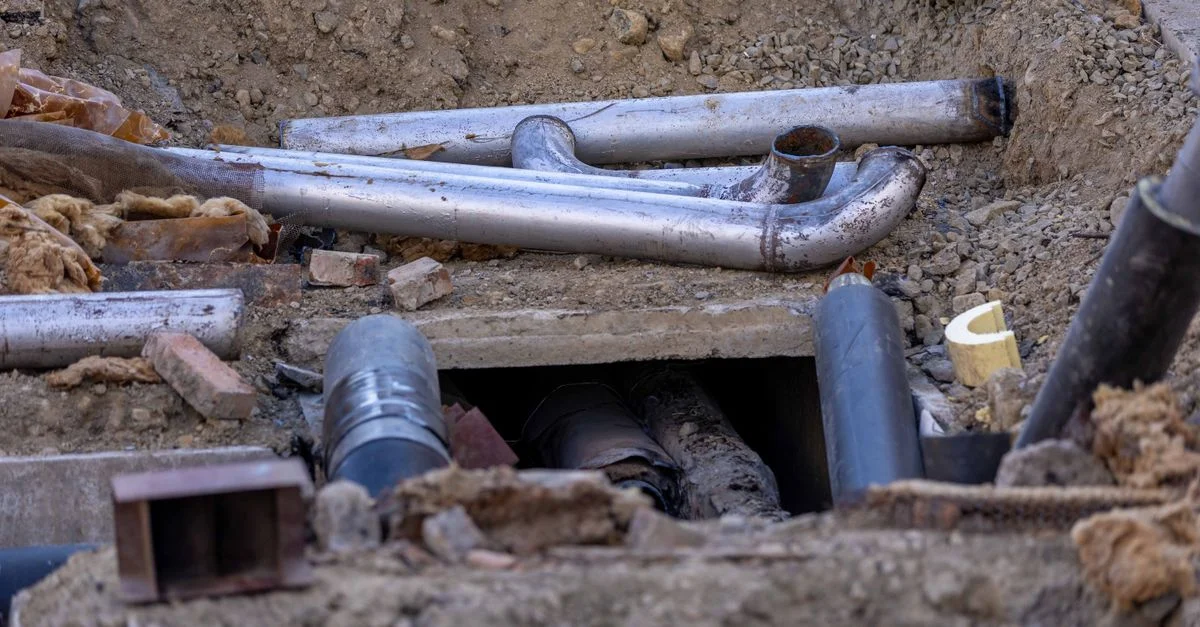 Primer plano de la instalación de tuberías urbanas en un sitio de construcción, mostrando varias tuberías y materiales.