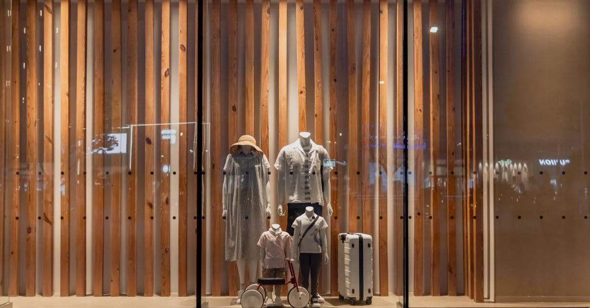 Exhibición elegante en la vitrina con maniquíes en atuendos de moda, visto en Wuhan, China.
