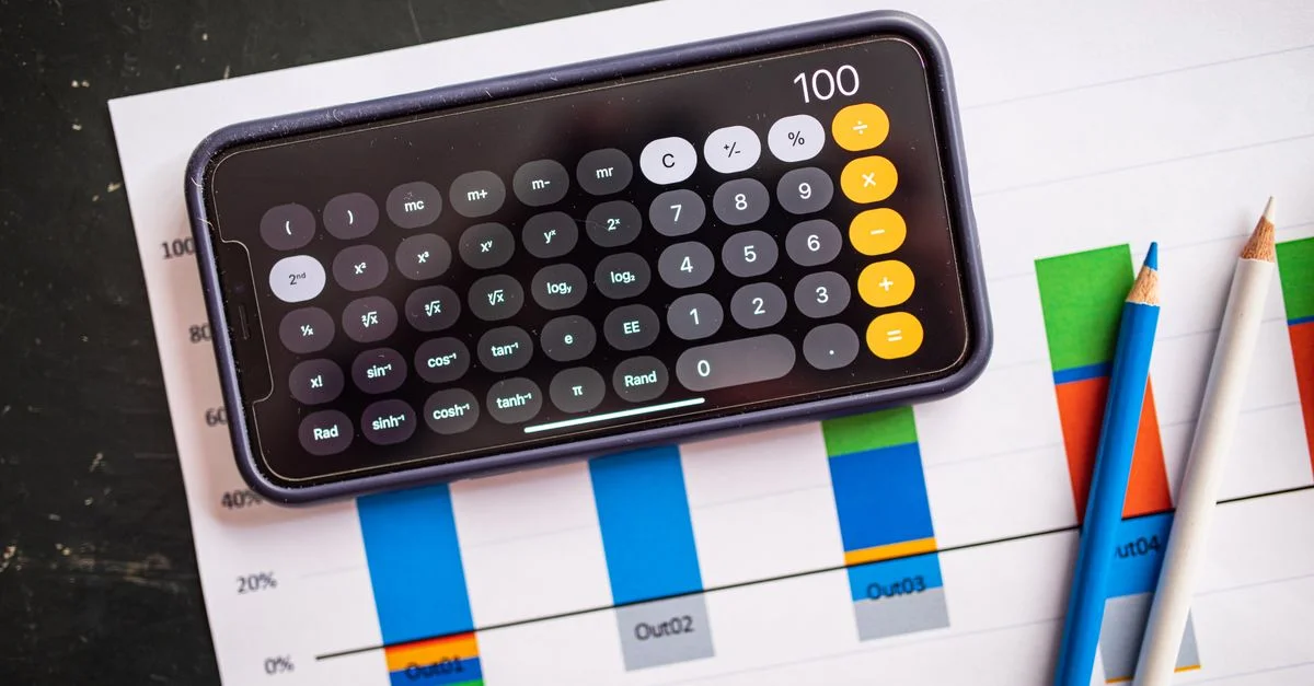 Calculadora móvil en gráficos de papel que indica análisis financiero con visualización de datos coloridos.
