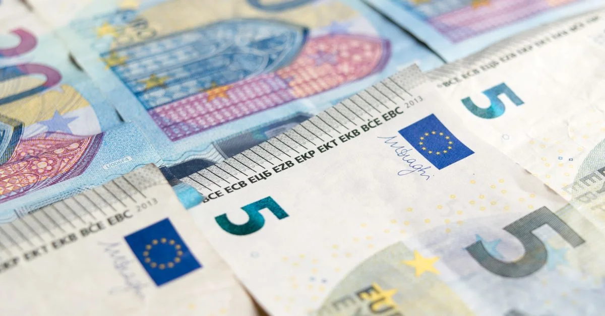 Vista detallada de billetes de 5 y 20 euros que muestra el diseño de la moneda europea.