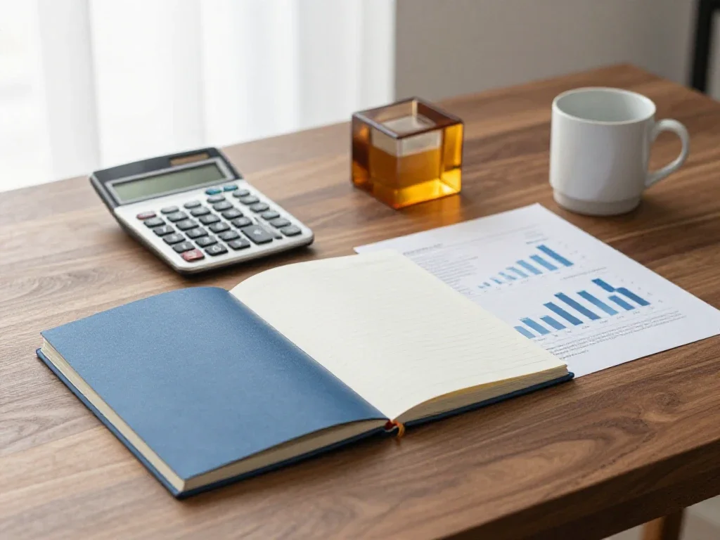 Cuaderno y herramientas de análisis sobre un escritorio de nogal, reflejando criterio y calma empresarial.
