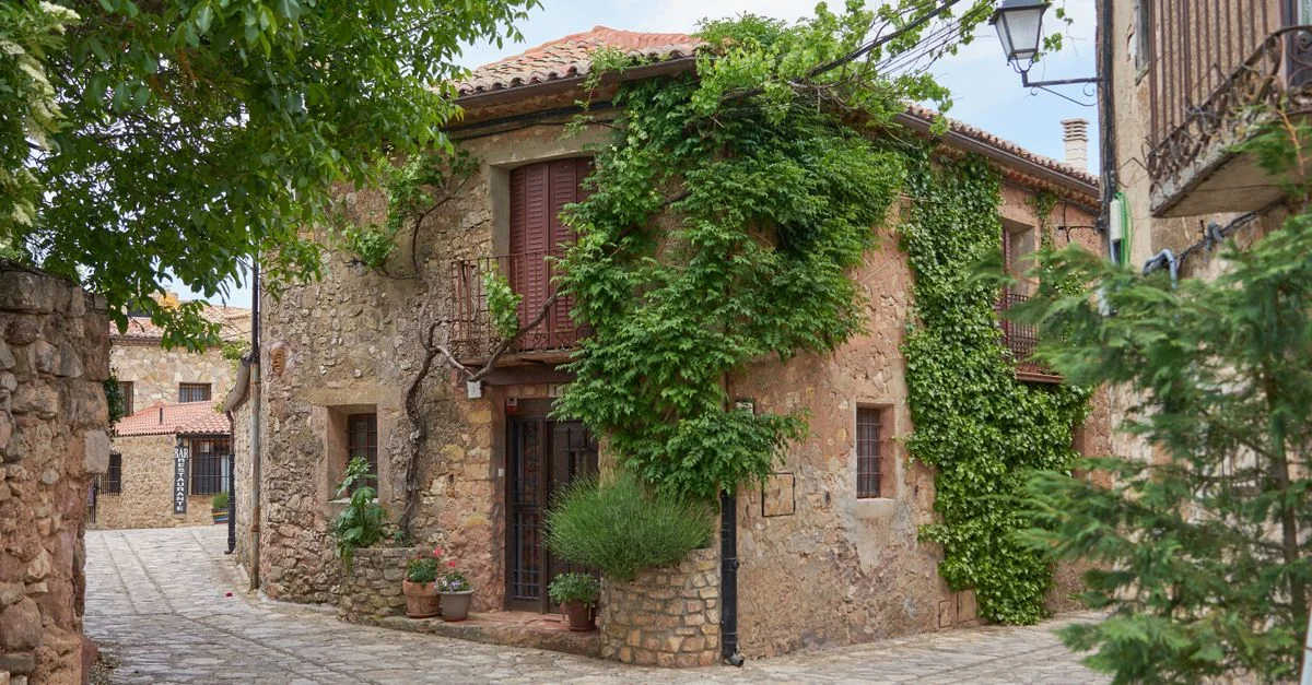 Pintoresca calle de piedra con casas cubiertas de hiedra en un pueblo histórico, perfecta para los entusiastas de los viajes y la arquitectura.