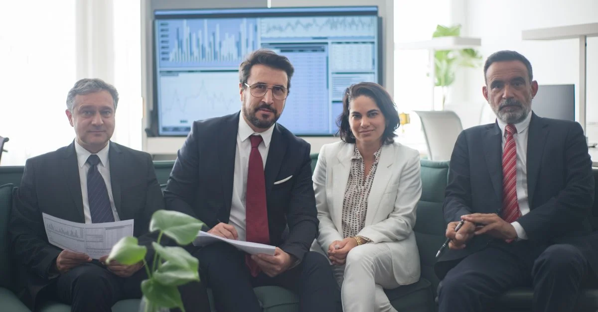 Equipo profesional vestido de manera corporativa listo para una reunión, involucrado en una discusión.